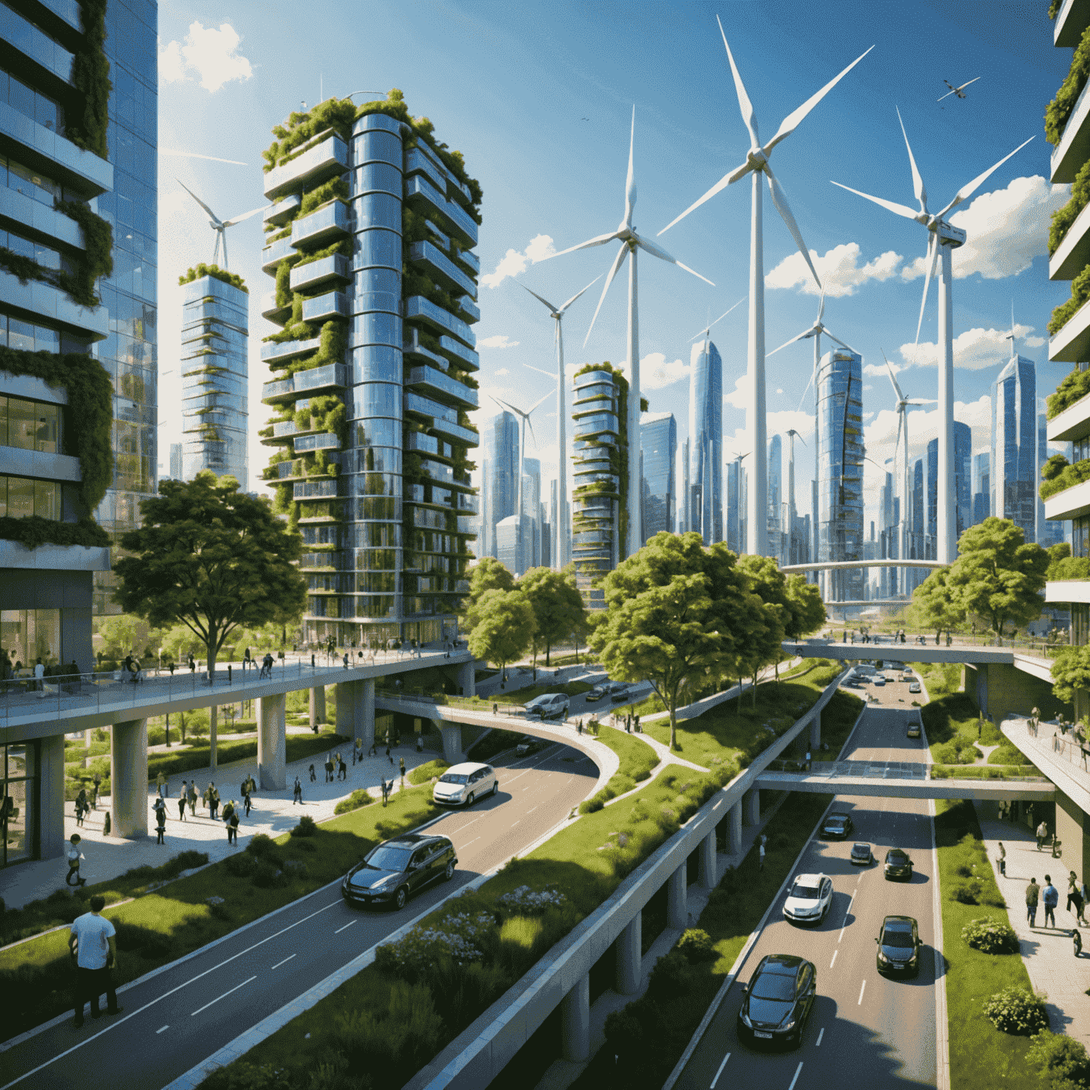 Futuristic eco-city with renewable energy installations including wind turbines, solar panels, and green buildings integrated seamlessly into an urban landscape. The image showcases a vibrant, clean environment with people enjoying sustainable transportation and green spaces.