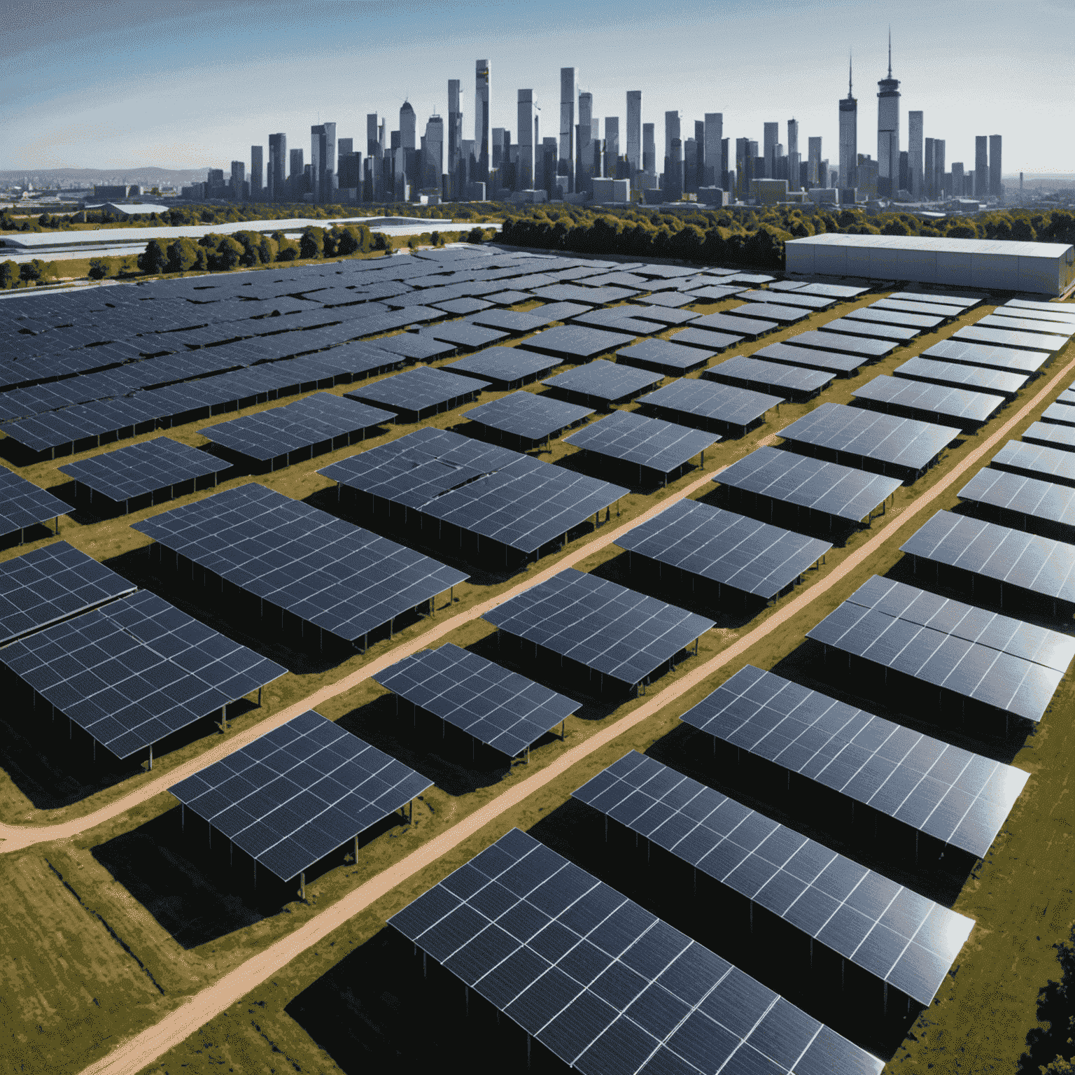 A futuristic solar farm with high-efficiency panels and integrated energy storage systems. The panels are sleek and black, arranged in a geometric pattern. In the background, a modern city skyline is visible, powered by this advanced solar technology.
