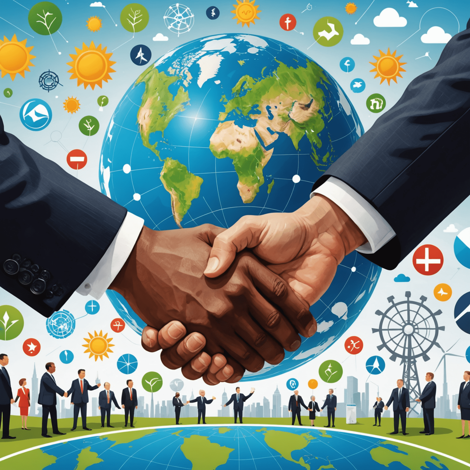 World leaders shaking hands at a climate summit, with renewable energy symbols in the background