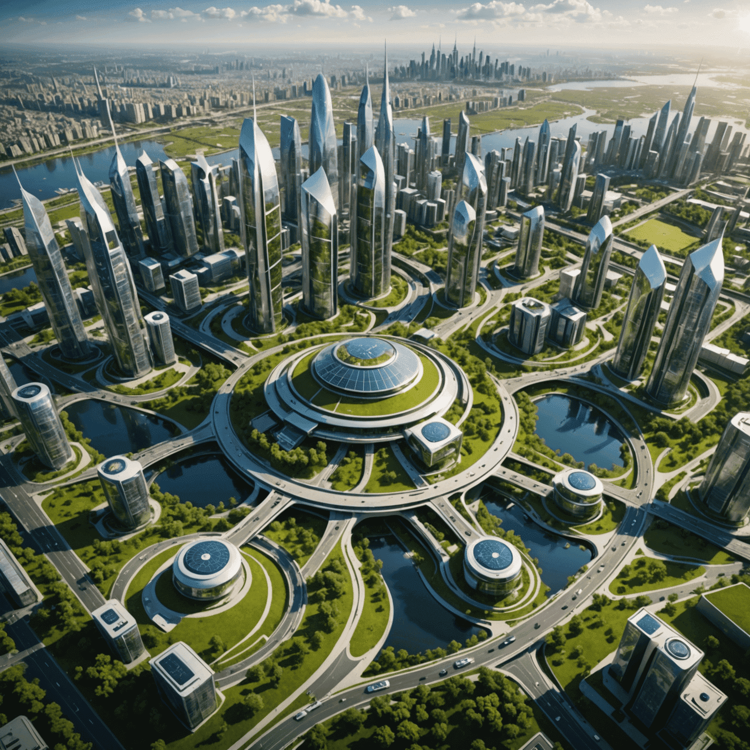 Aerial view of a futuristic smart city with integrated renewable energy systems, green spaces, and efficient transportation networks