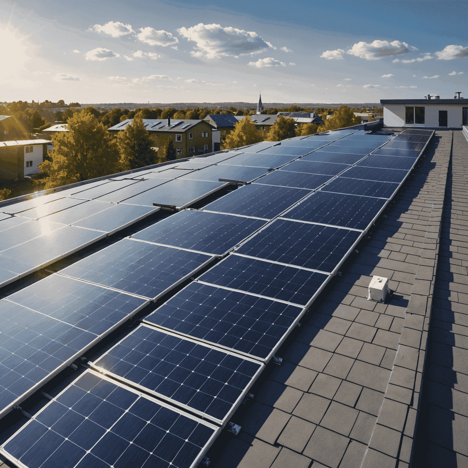 Solar panels installed on a modern building roof, capturing sunlight to generate clean energy