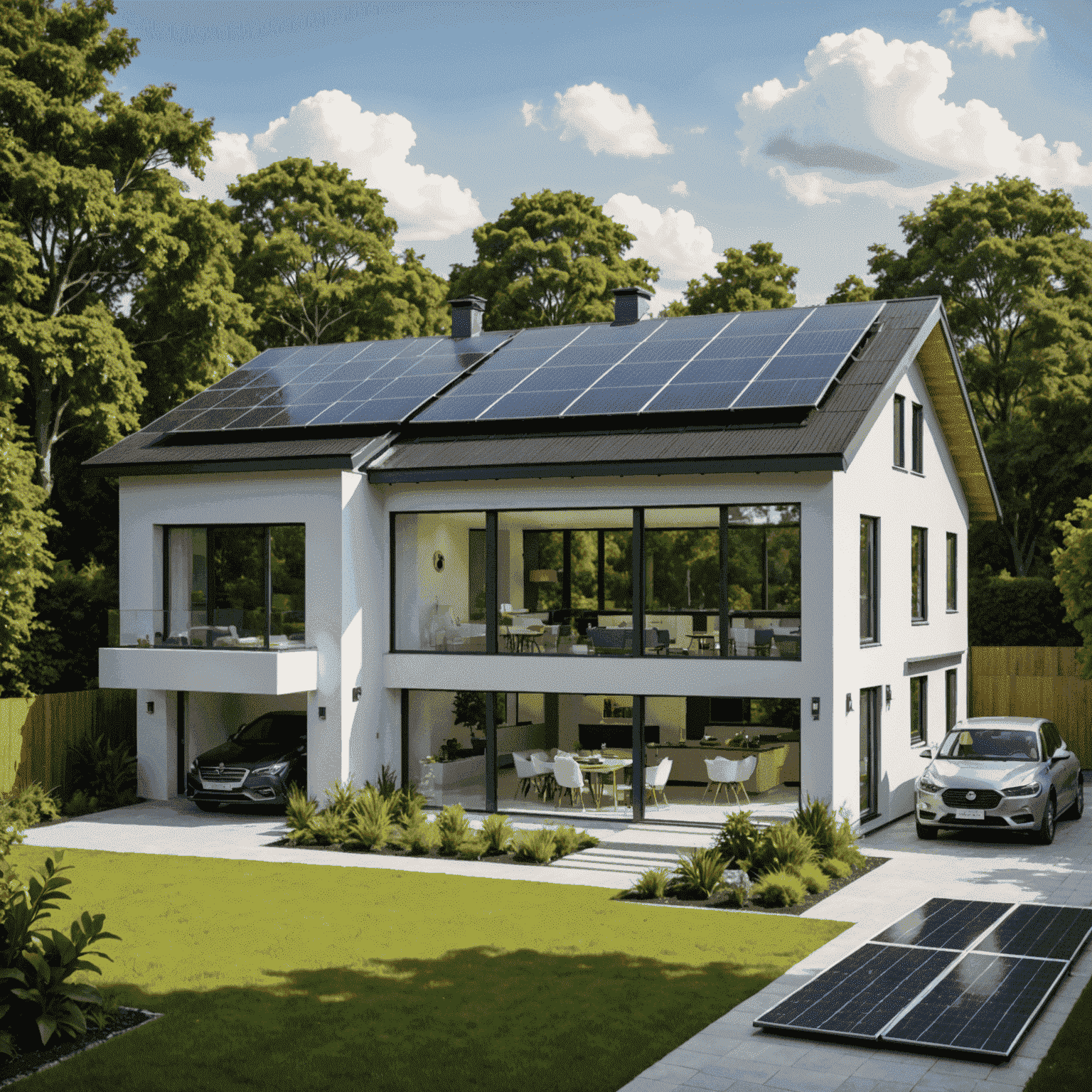 A modern home with sleek solar panels installed on the roof, surrounded by lush greenery, showcasing residential solar solutions