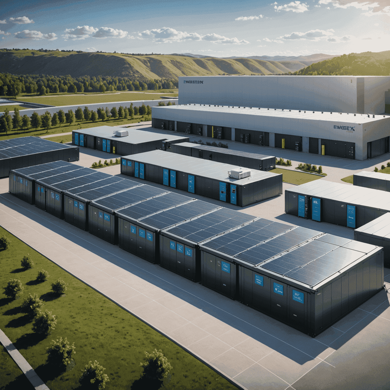 Futuristic energy storage facility with large-scale battery banks and smart grid integration systems, showcasing Energenix's cutting-edge technology in a sleek, modern industrial setting