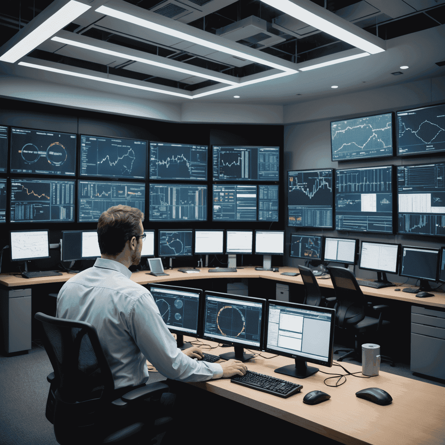 Advanced smart grid control room with multiple screens displaying real-time energy distribution data, network status, and optimization algorithms. Engineers working on cutting-edge monitoring systems.