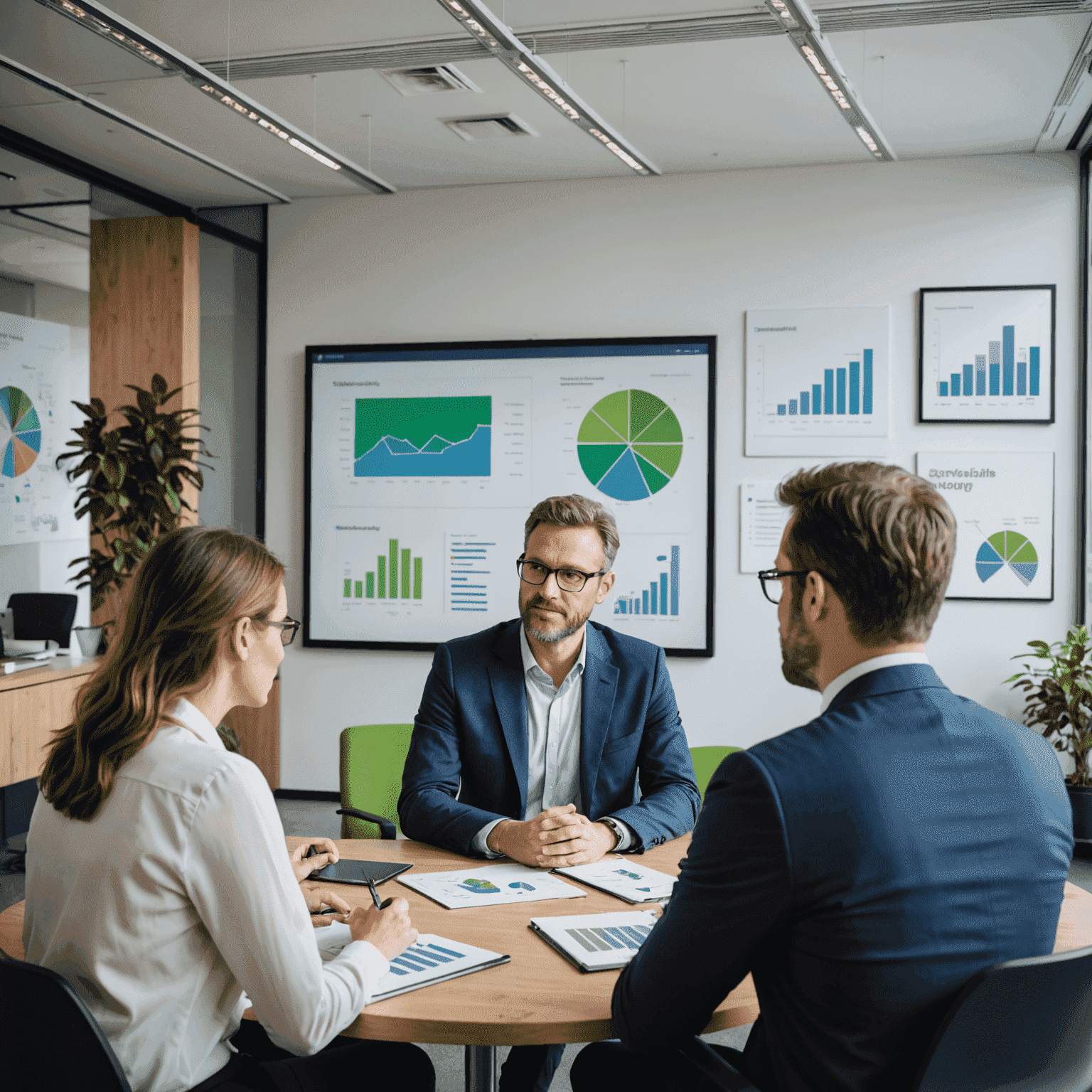 Sustainability consultant discussing renewable energy solutions with clients in a modern office setting, surrounded by charts and green technology models
