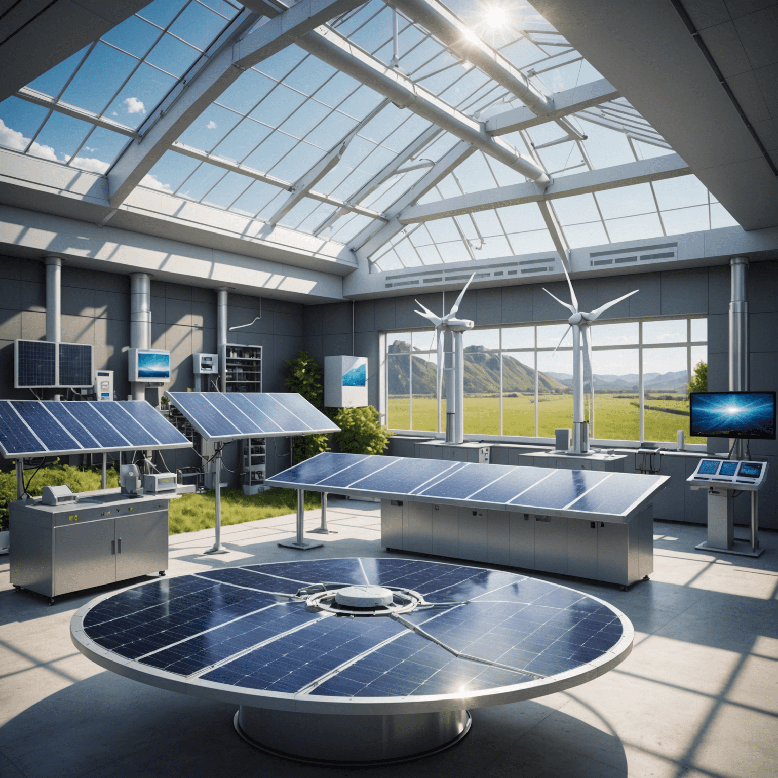 Various renewable energy technologies including advanced solar panels, next-generation wind turbines, and hydrogen fuel cells in a futuristic laboratory setting