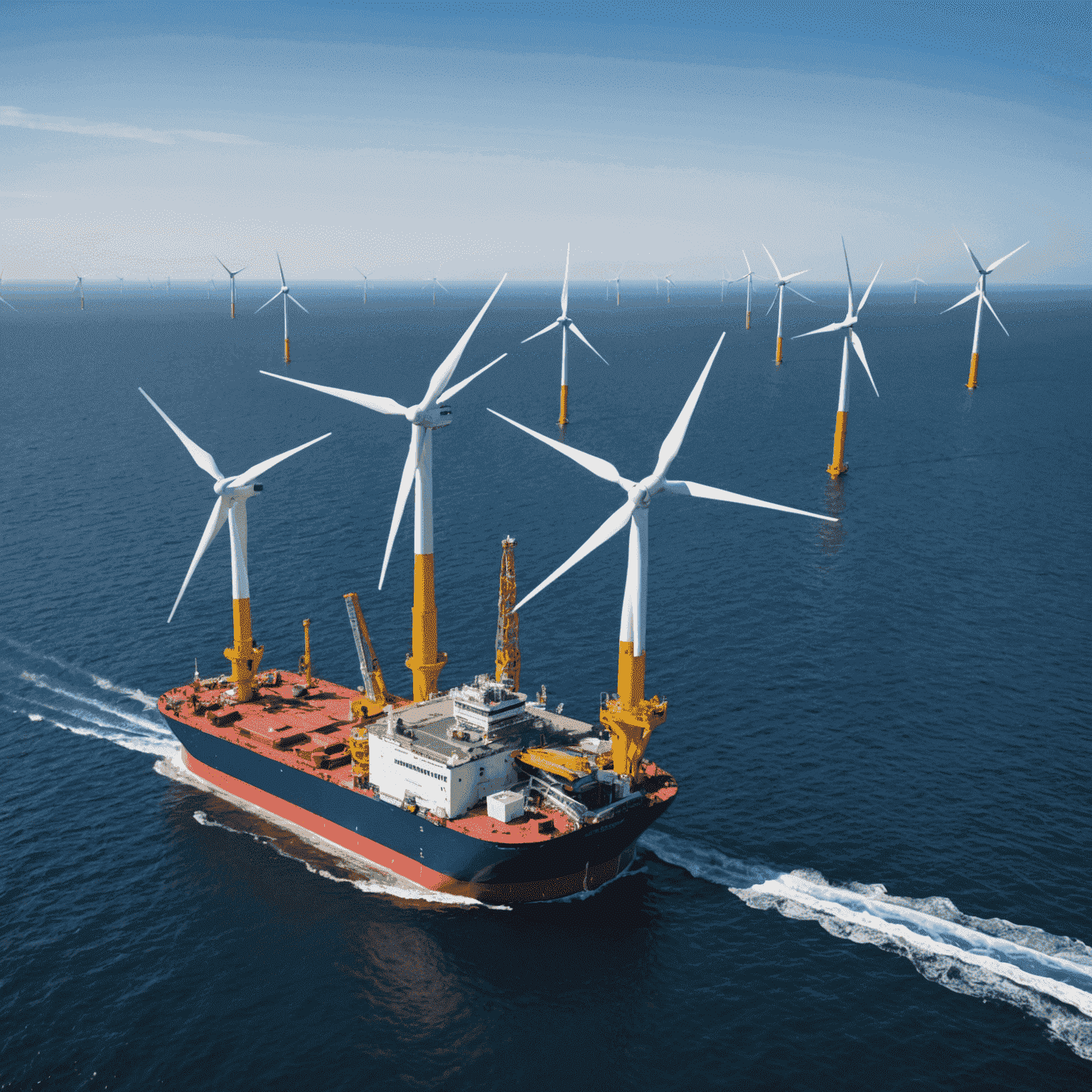 An offshore wind farm featuring next-generation turbines with longer blades and advanced materials. The turbines are arranged in an optimized pattern to maximize energy capture. In the foreground, a maintenance vessel equipped with AI and robotics systems is visible, showcasing the future of wind farm operations.