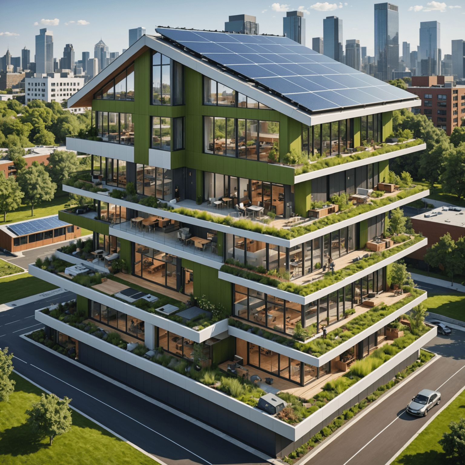 Cross-section of a modern green building showcasing various sustainable technologies such as solar panels, green roofs, and energy-efficient systems
