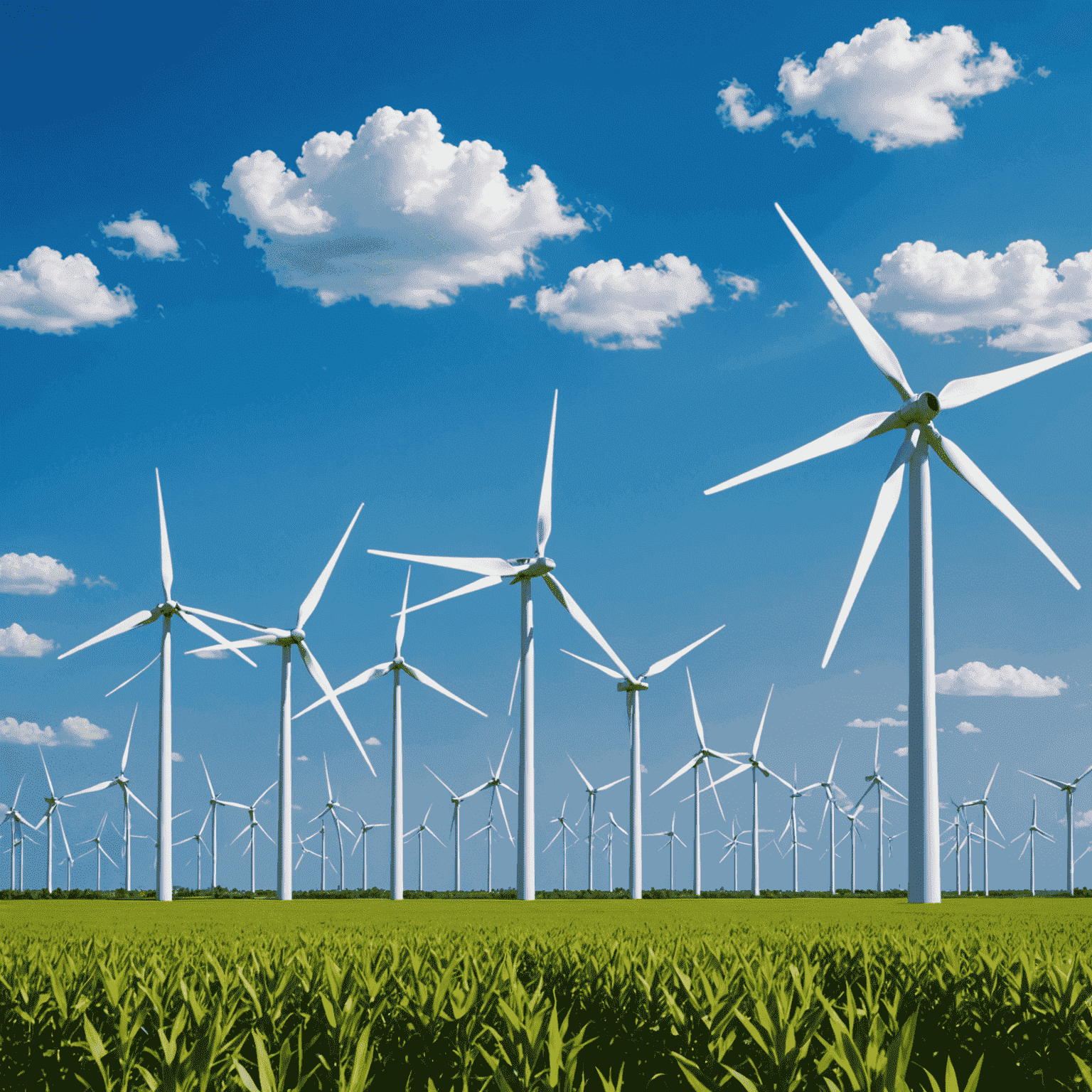 A field of modern wind turbines against a blue sky, symbolizing clean wind energy production