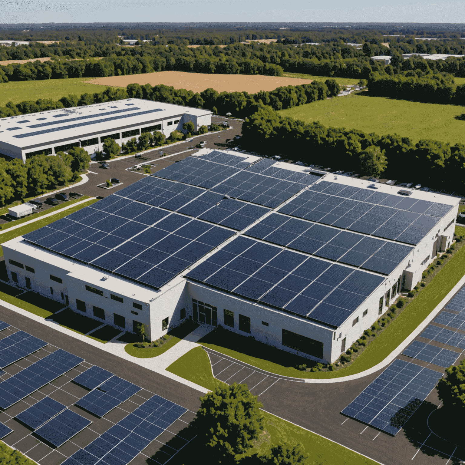 An expansive commercial building with a large array of solar panels on its roof, demonstrating the scale of commercial solar solutions