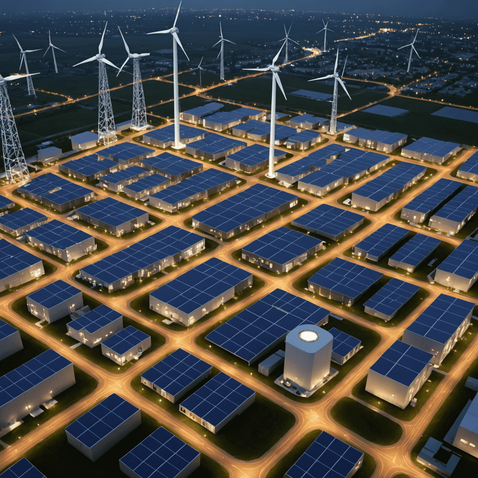 Interactive 3D visualization of Energenix's smart grid system, showing real-time energy flow from renewable sources to storage facilities and end-users, with pulsating lines representing electricity distribution