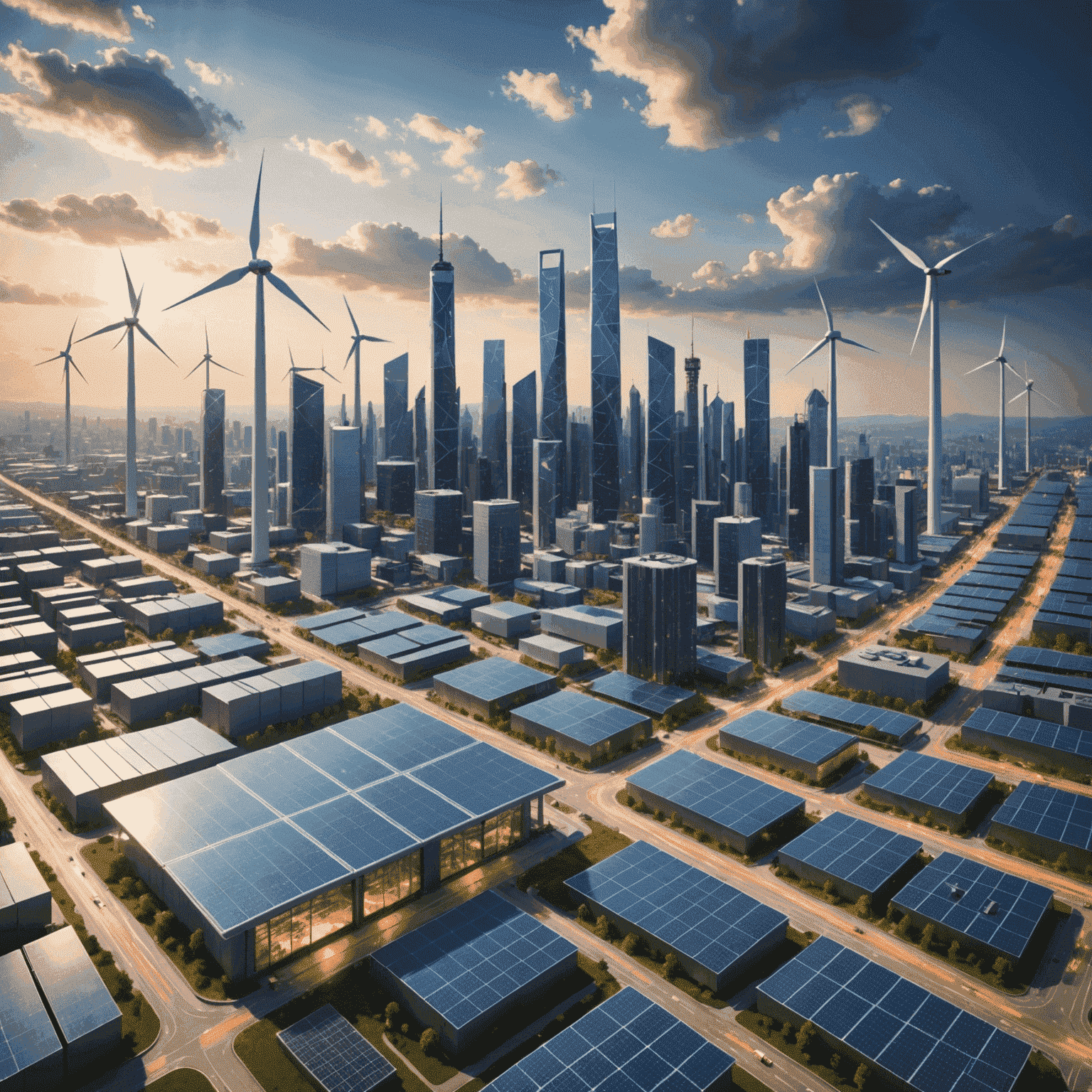 Futuristic city skyline with visible smart grid connections, showing renewable energy sources like wind turbines and solar panels integrated seamlessly with traditional power infrastructure.