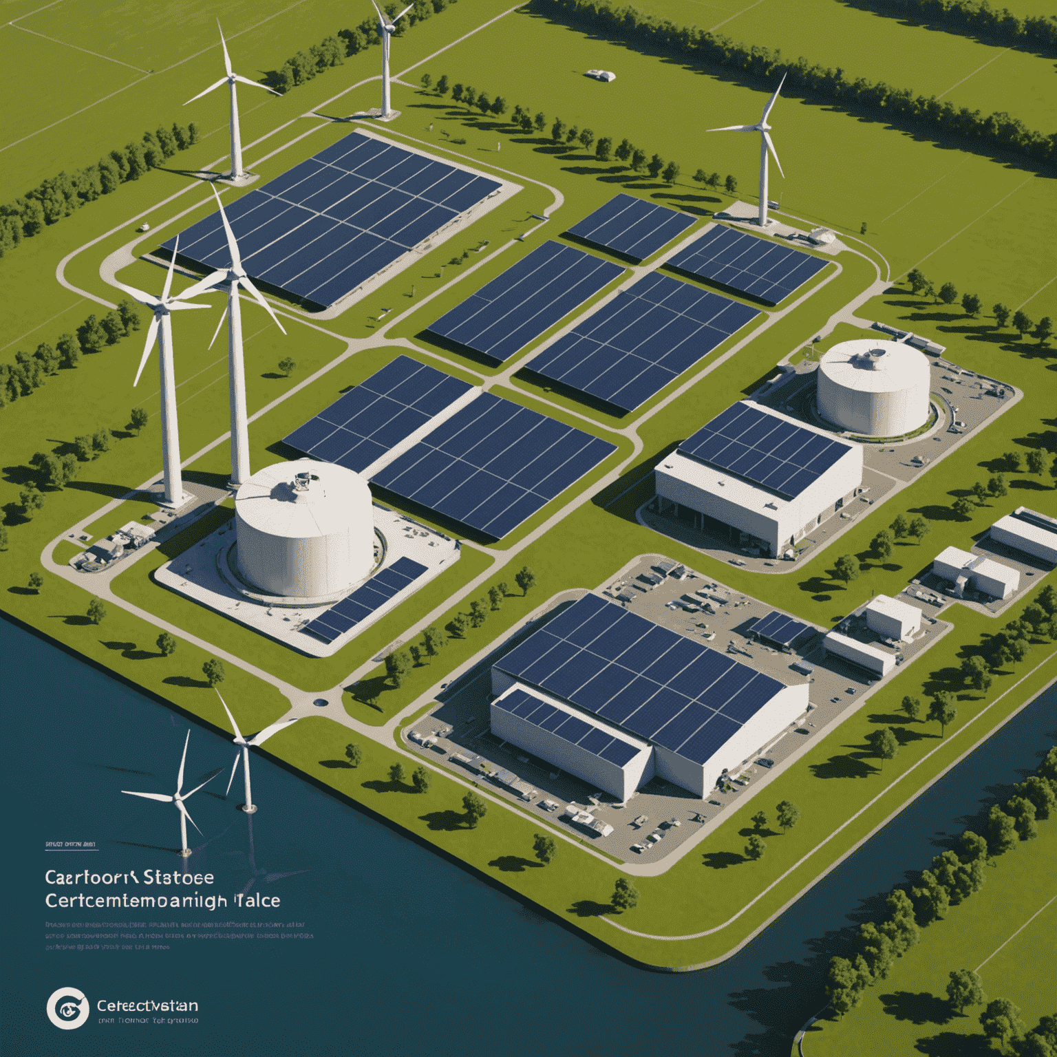 Before and after infographic showing the reduction in carbon emissions for a manufacturing plant, with solar panels and wind turbines integrated into the facility
