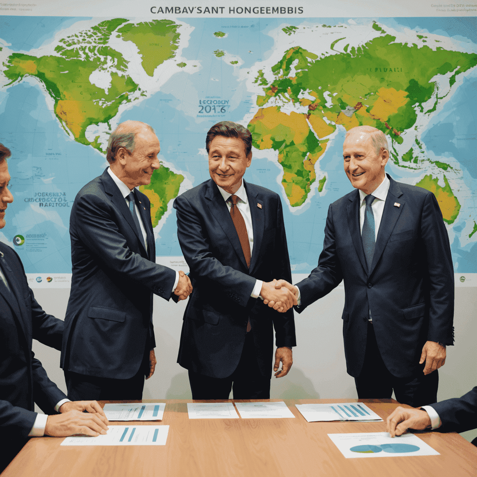 World leaders shaking hands at a climate conference with charts showing emission reduction targets in the background