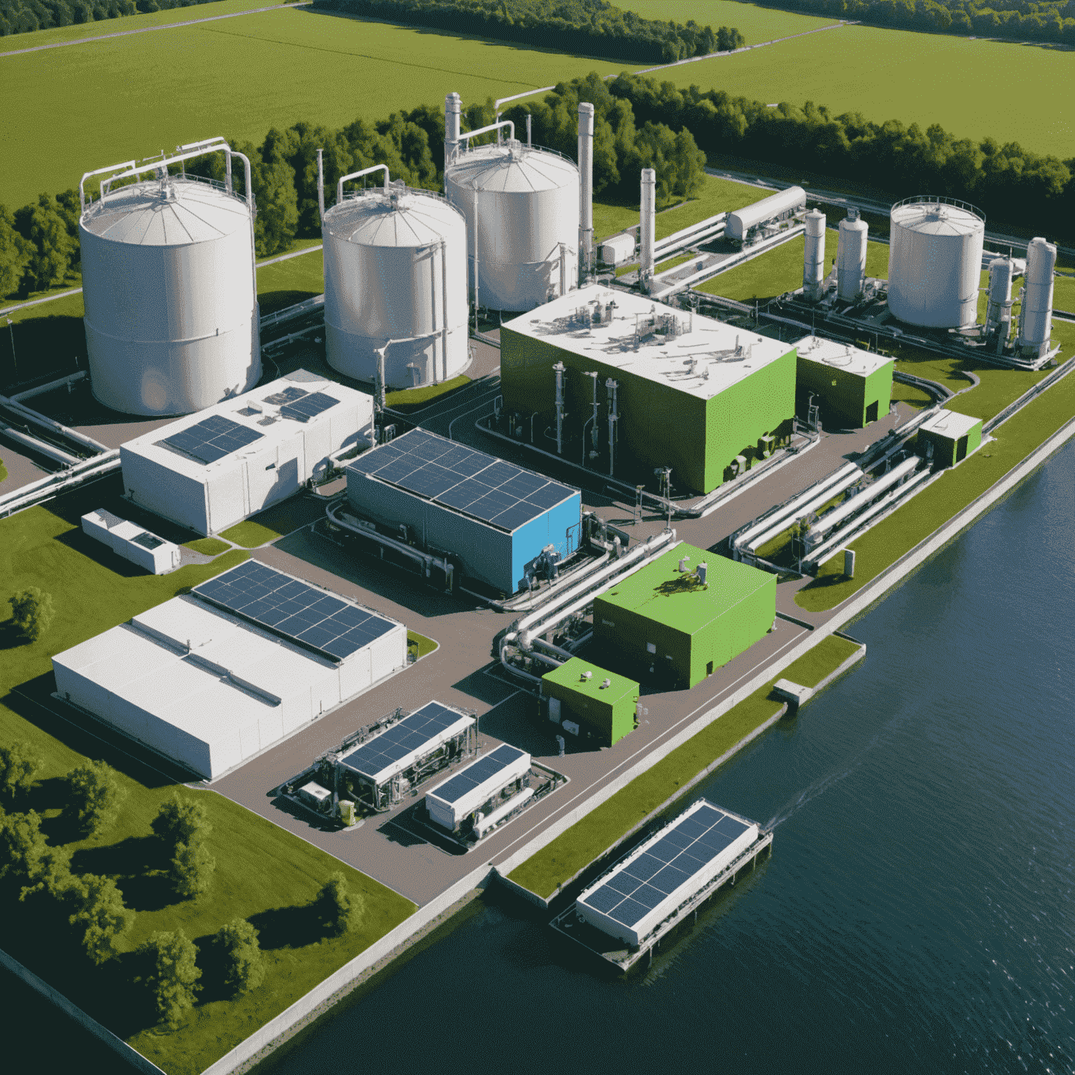 A cutting-edge green hydrogen production facility powered by renewable energy. The facility features electrolyzers, storage tanks, and distribution systems. Visual elements show the process of water electrolysis and the production of clean hydrogen fuel. Electric vehicles and industrial applications of hydrogen are depicted in the background.