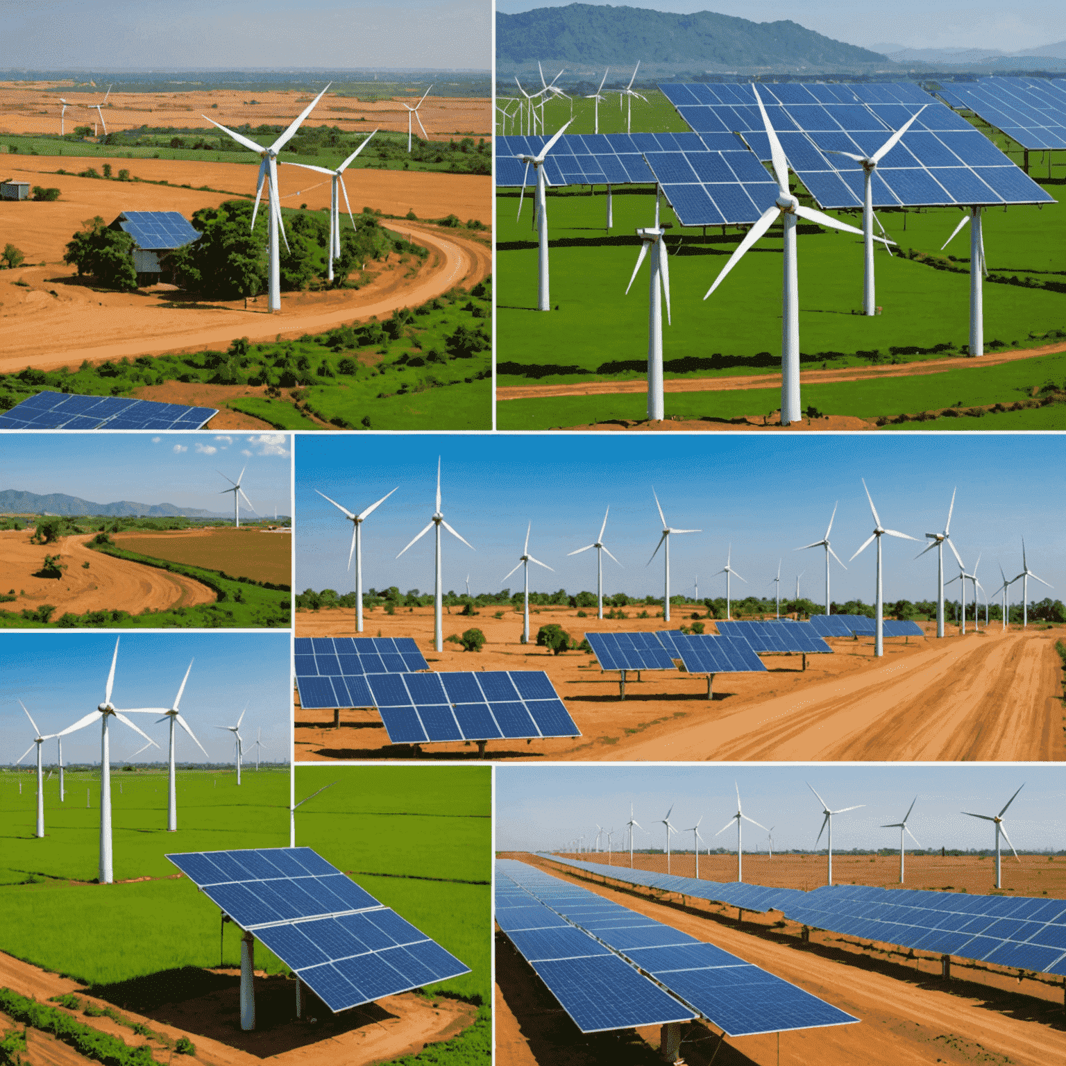 Collage of renewable energy projects in developing countries, including solar farms in India and wind turbines in Africa