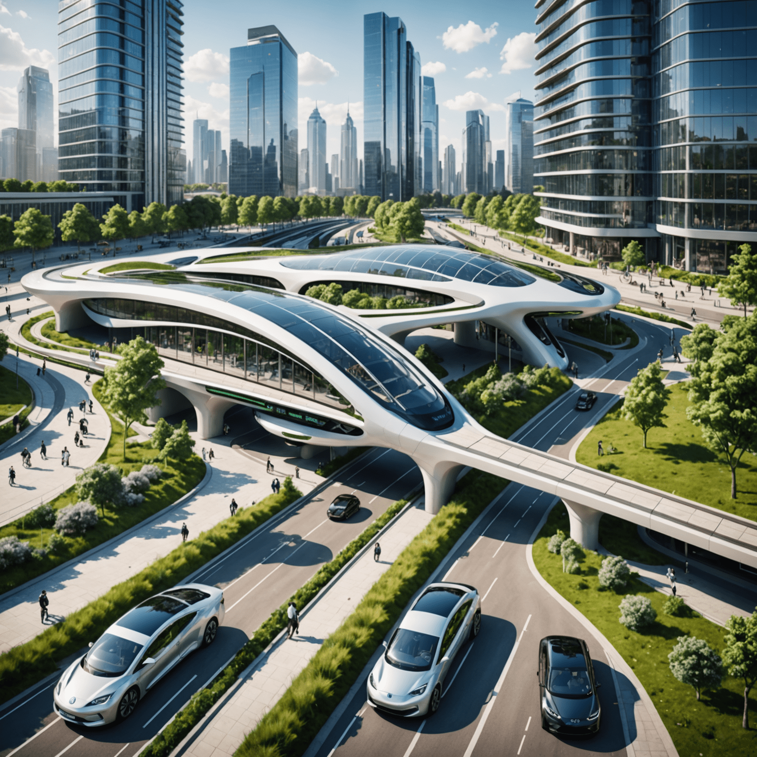 Futuristic transportation hub with electric vehicles, bike-sharing stations, and high-speed rail integrated seamlessly into a green urban landscape