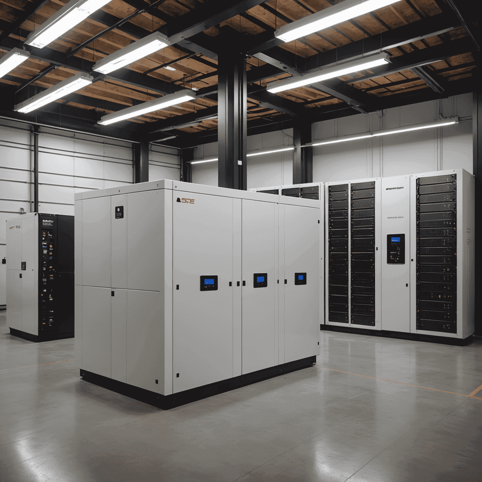 Advanced battery storage system in a modern facility, showcasing cutting-edge energy storage technology