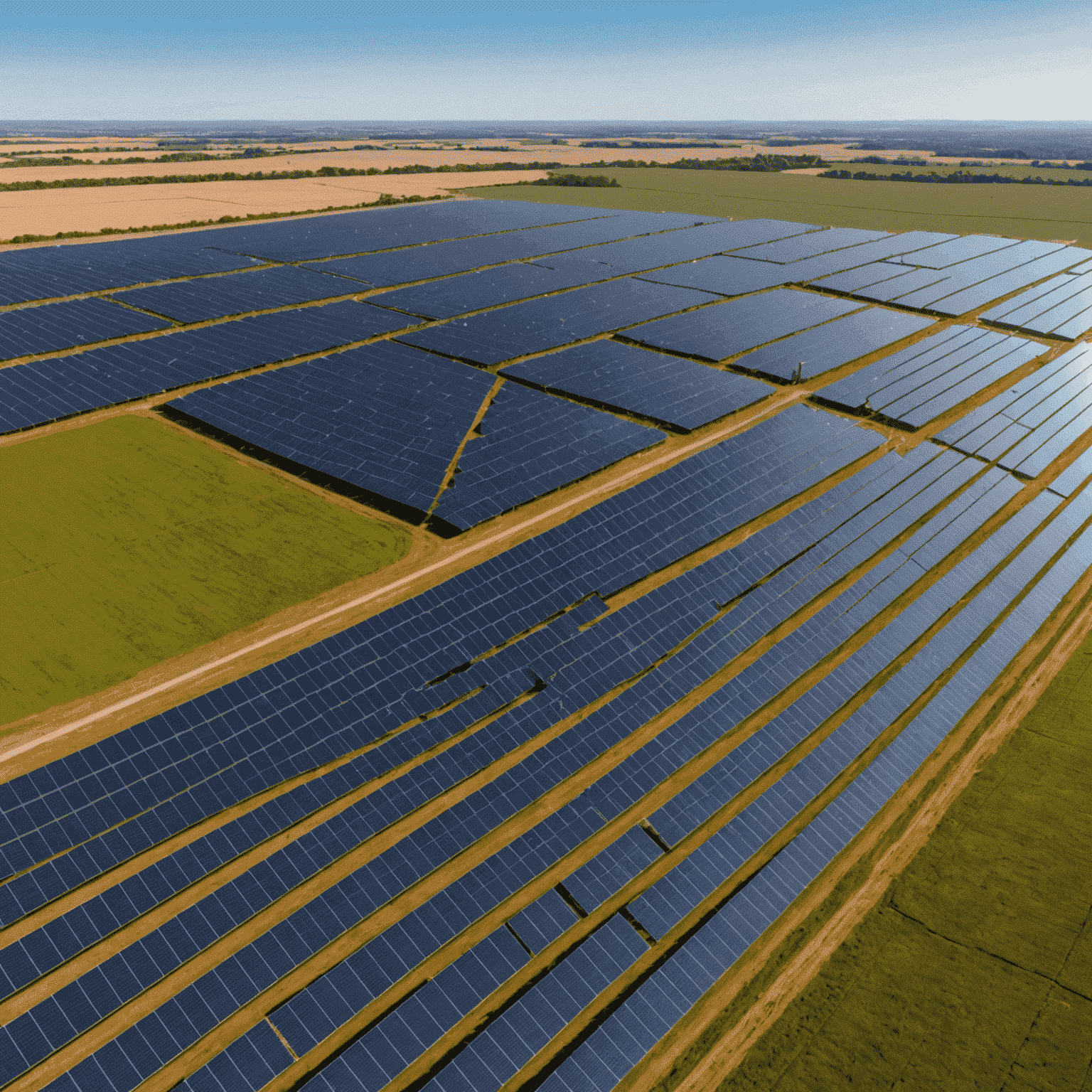 A vast solar farm with thousands of panels stretching to the horizon, showcasing utility-scale solar development