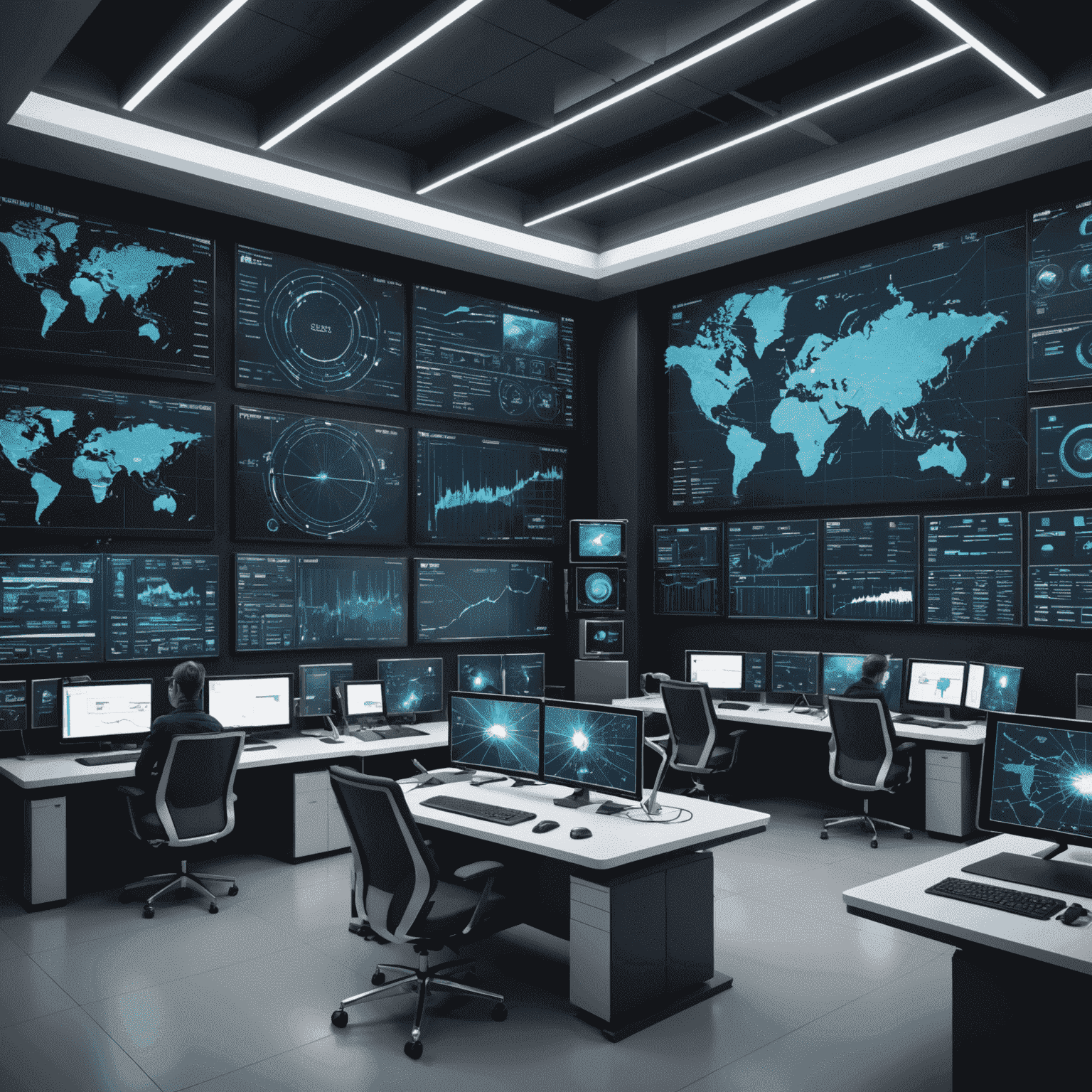 Futuristic control room with large screens displaying smart grid data and energy flow visualizations