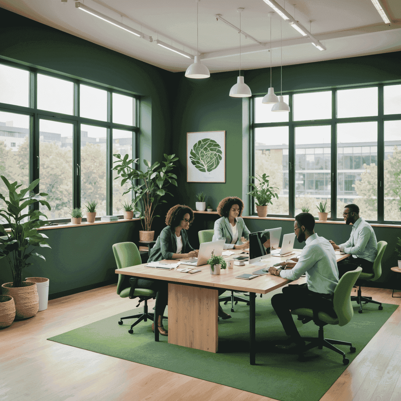 Team of diverse sustainability consultants working on eco-friendly solutions in a modern green office space
